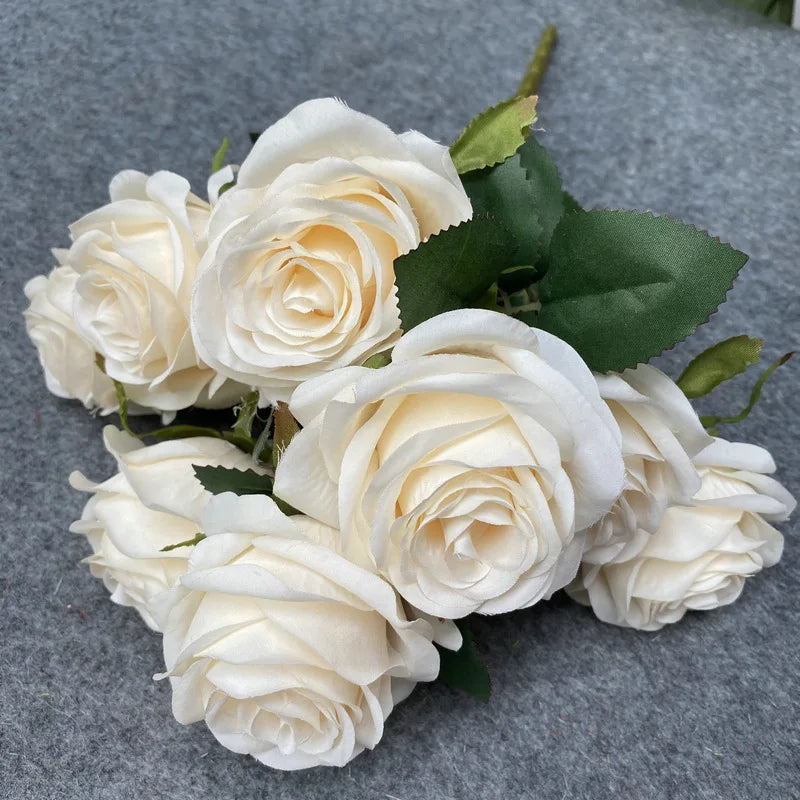 9 Heads Artificial Camellia Rose Bouquet – Realistic Faux Flowers for Wedding Decor, Party Displays, Home Decoration & Floral Gifts