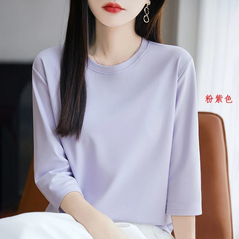 Camiseta de algodón mercerizado para mujer, manga corta, cuello redondo, top básico suave de verano