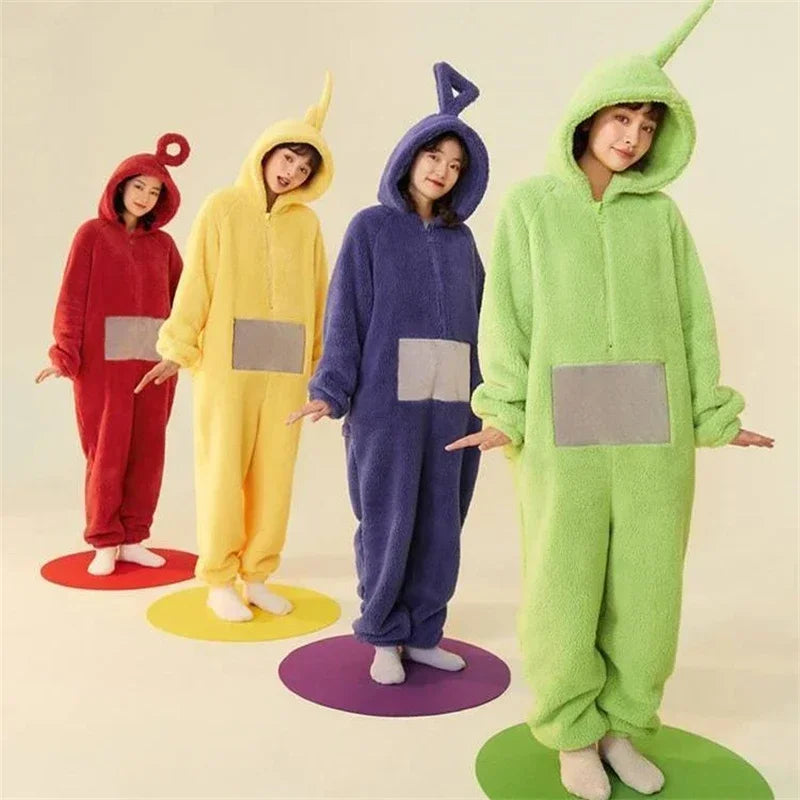 Teletubbies Inspired Adult Cosplay Pajamas – Tinky Winky / Laa-Laa / Po Soft Long Sleeve Onesie Costume (4 Colors)