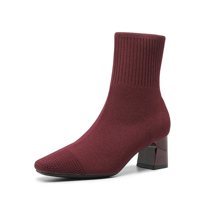 Women's Knitted Sock Boots – Pointed Toe High Heel Mid-Calf Boots, Stretch Fabric Slip-On Design for Spring & Autumn, Plus Size 43