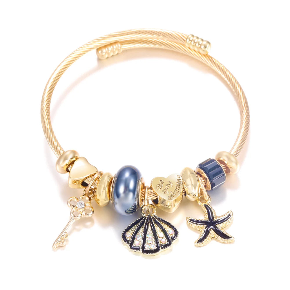 Pulsera con colgante de corazón y cuentas – Pulsera de abalorios de acero inoxidable de 4 colores para mujer | Regalo de joyería de moda dorada de tendencia
