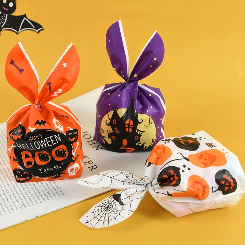 25/50PCS Halloween Candy Bags – Rabbit Ear Pumpkin Plastic Treat Bags for Candy, Cookies & Desserts, DIY Packaging for Kids’ Halloween Parties