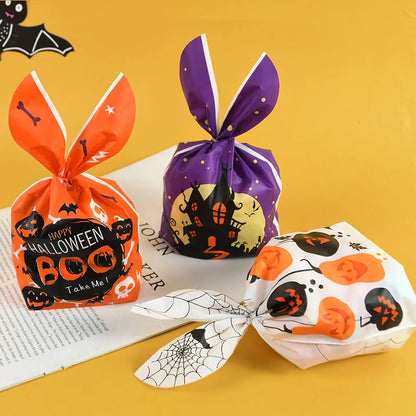 25/50PCS Halloween Candy Bags – Rabbit Ear Pumpkin Plastic Treat Bags for Candy, Cookies & Desserts, DIY Packaging for Kids’ Halloween Parties
