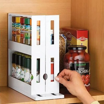 2-Tier Rotating Spice Organizer Rack – Multi-Function Sliding Kitchen Storage Shelf for Cabinets, Cupboards & Countertops