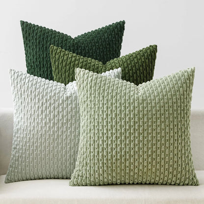 Funda de almohada a rayas verdes de pana - Funda de cojín decorativa rústica bohemia de 20x20 pulgadas para sofá y sala de estar