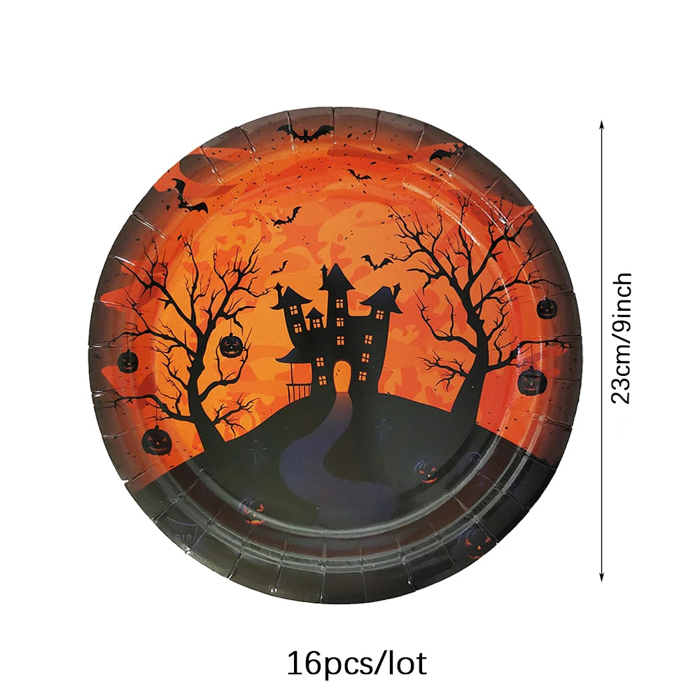 Halloween Disposable Tableware Set 2026, Pumpkin-Themed Paper Plates, Cups, Napkins and Tablecloth, Halloween Party Supplies, Spooky Dining Table Decorations for Home and Parties