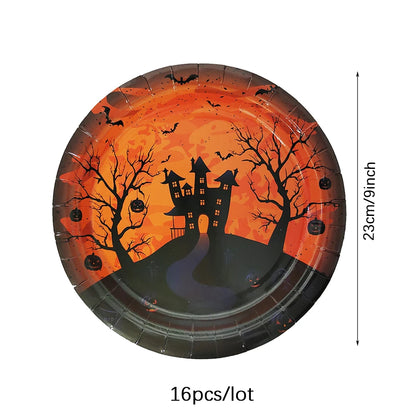Halloween Disposable Tableware Set 2026, Pumpkin-Themed Paper Plates, Cups, Napkins and Tablecloth, Halloween Party Supplies, Spooky Dining Table Decorations for Home and Parties