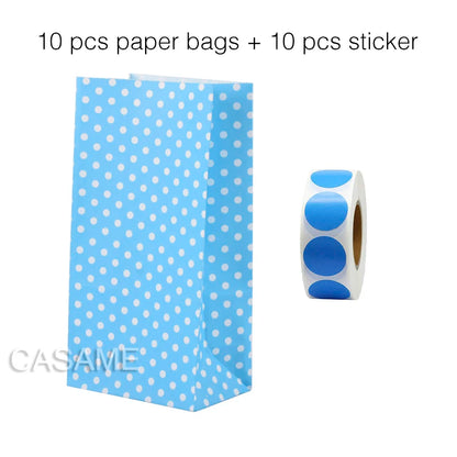 10PCS Stand-Up Colorful Gift Bags with Stickers – Solid, Striped & Polka Dot Treat Bags for Wedding, Birthday & Party Favors (18×9×6cm)