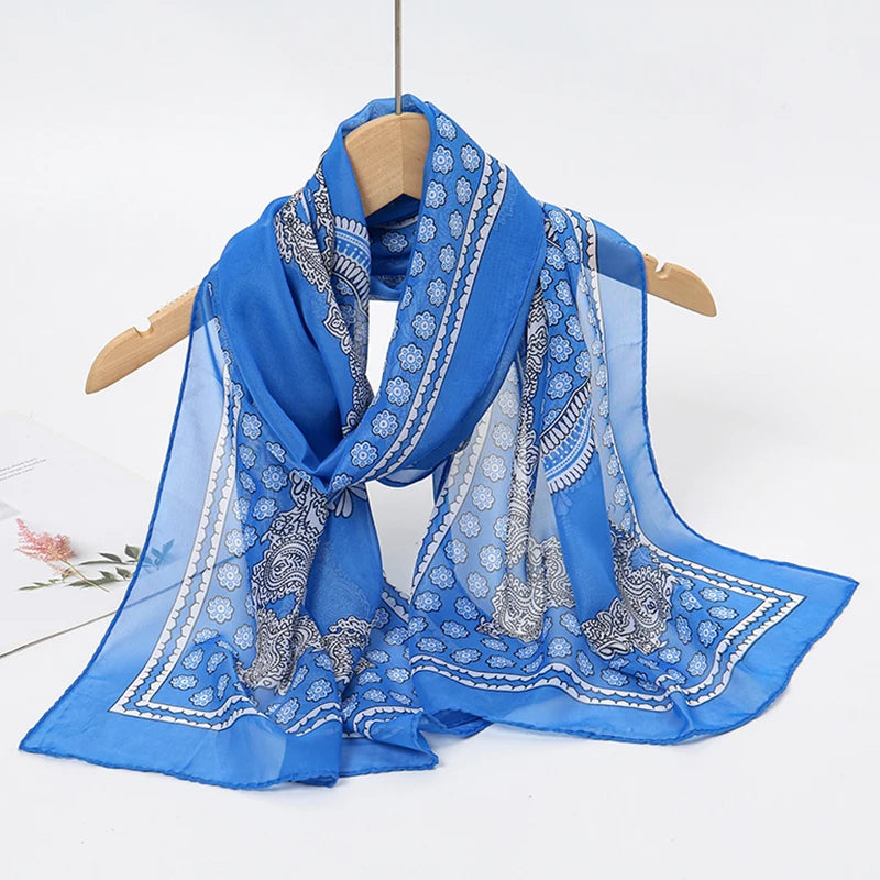 Women's Printed Chiffon Scarf Shawl – Lightweight Silk-Feel Long Wrap for Beach, Travel & Outdoor Wear, Fashion Headband Accessory