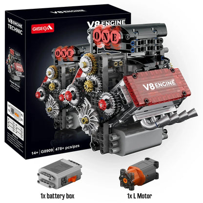 478PCS V8 Engine Building Blocks Model – Motorized Mechanical Car Engine Construction Set with Electric Drive, Desktop Ornament & Gift for Adults