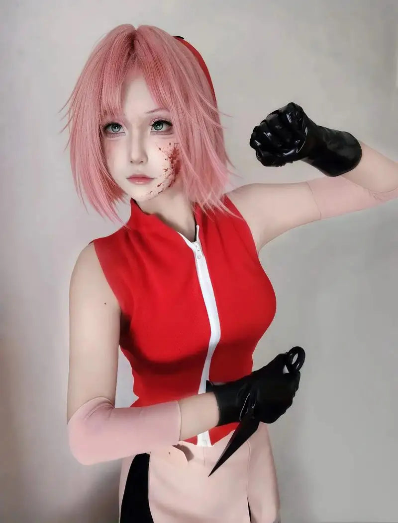 Anime Sakura Cosplay Costume – Ninja Battle Suit (Red Top, Pink Skirt, Bag Full Set for Halloween/Stage Party)
