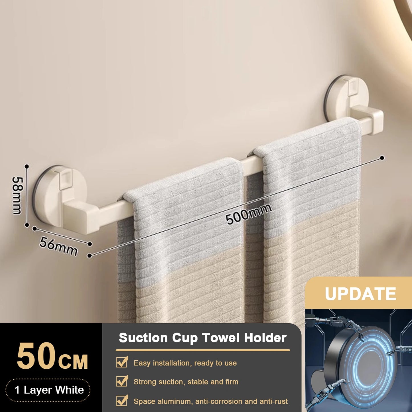 Toallero de Ventosa para Pared, sin Taladro, para Baño, Barra de Toalla de 30/40/50cm, Soporte que Ahorra Espacio