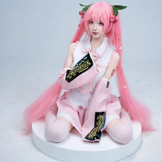 Peluca y disfraz de cosplay de anime de cola de caballo verde – Traje de rol de cantante virtual con top y falda para Comic Con, Halloween y accesorios de fiesta