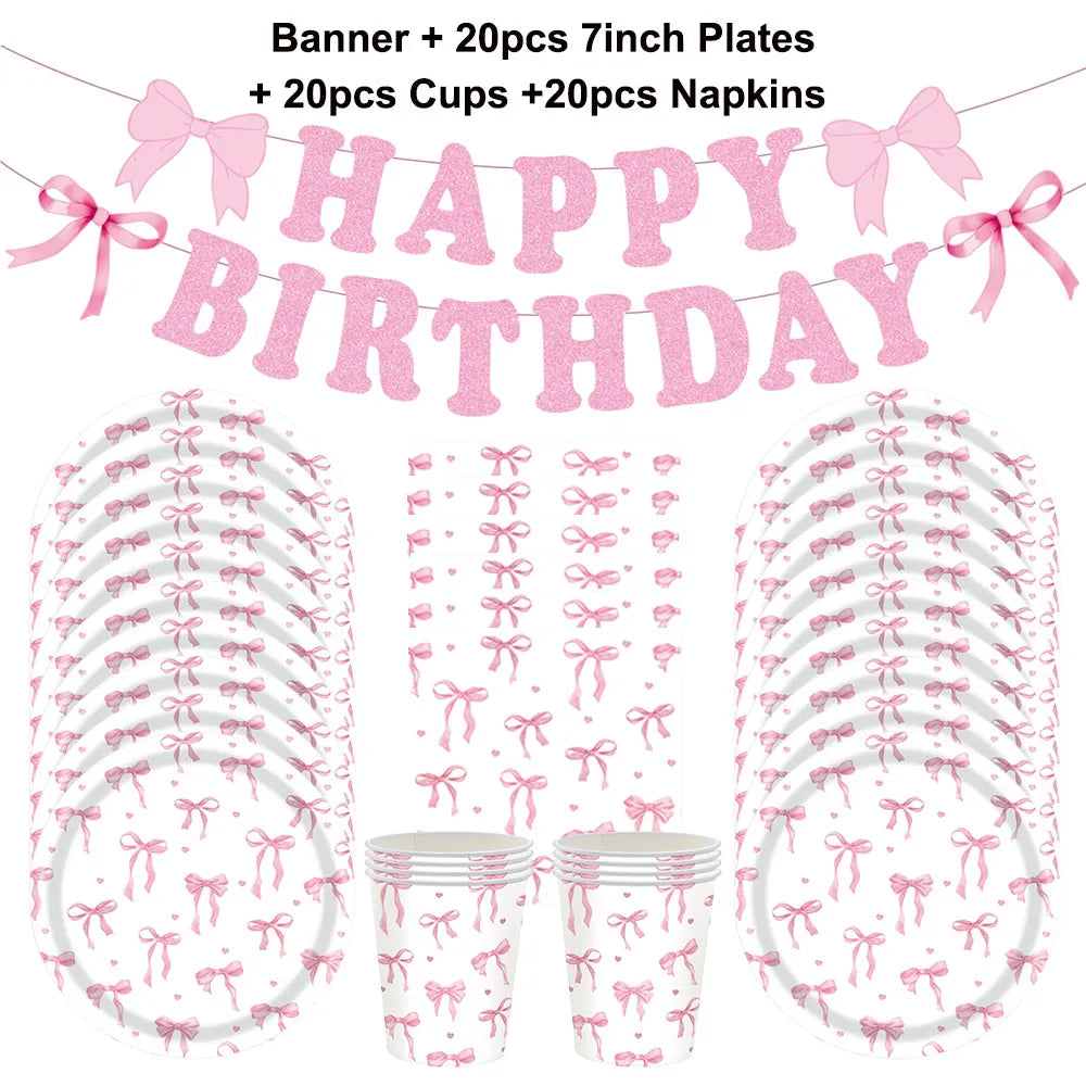 Kit de Fête d'Anniversaire Rose – Thème Princesse Bannière, Ballons Nœud, Pailles, Assiettes en Papier Jetables, Serviettes et Gobelets Vaisselle Décorations pour Fêtes d'Anniversaire de Filles