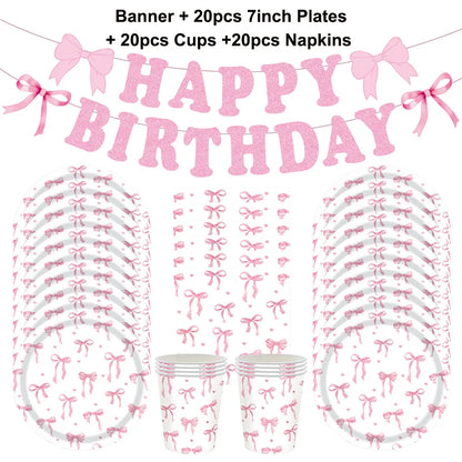 Kit de Fête d'Anniversaire Rose – Thème Princesse Bannière, Ballons Nœud, Pailles, Assiettes en Papier Jetables, Serviettes et Gobelets Vaisselle Décorations pour Fêtes d'Anniversaire de Filles