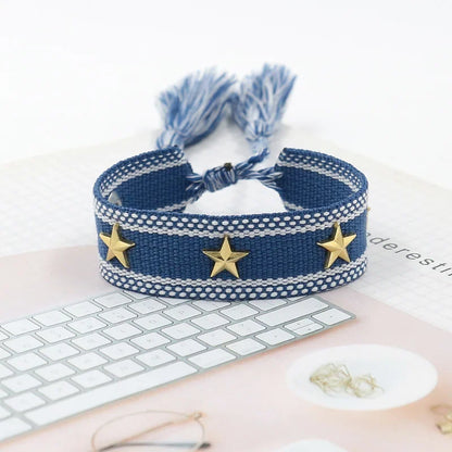 Bohemian Star Tassel Bracelet – Handmade Woven Alloy Gold Rivet Wrist Strap for Women | Ethnic Fashion Jewelry Gift