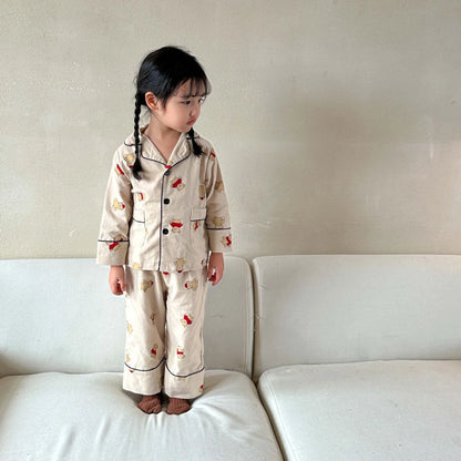 Cartoon Bear Kids Pajama Set – Soft Cotton Two-Piece Sleepwear for Boys & Girls, Comfortable Spring & Autumn Home Clothing
