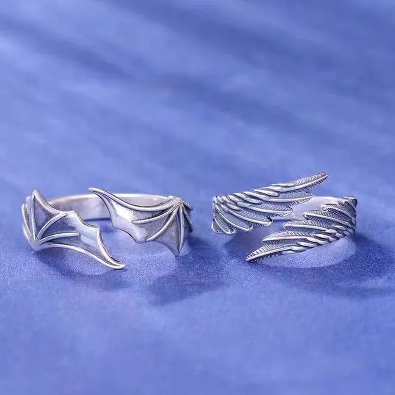 Vintage Angel & Demon Wing Adjustable Couple Ring – Retro Silver Gothic Punk Open Band Ring for Men & Women