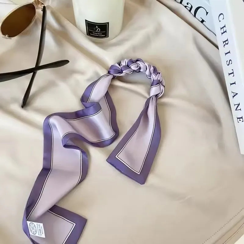 Khaki Nude Silk Scarf Hair Band – Vintage Satin Ribbon Bow Hair Accessory for Women | Elegant Fashion Hair Tie