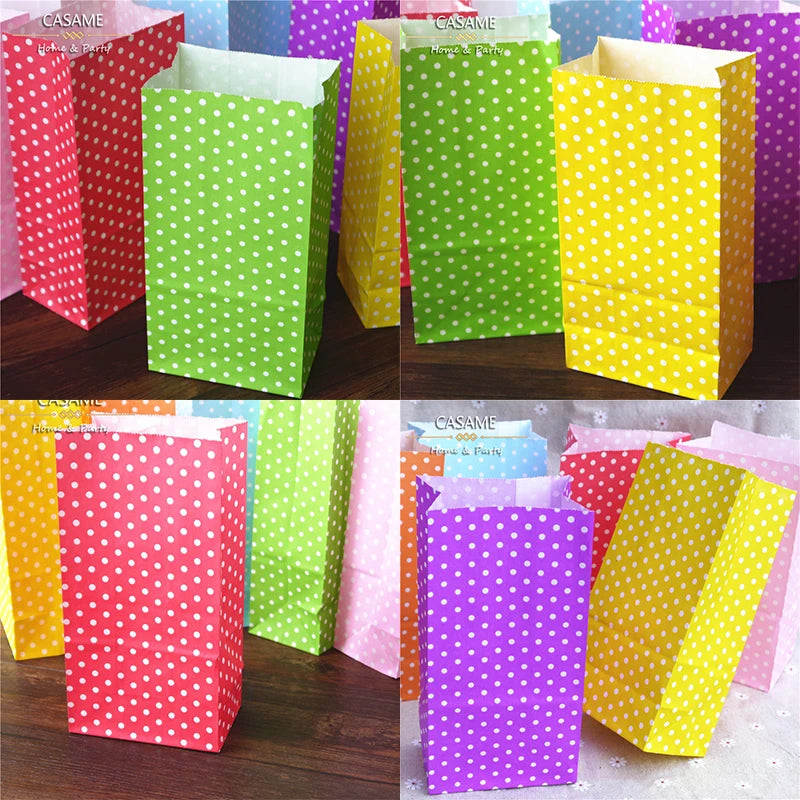 10PCS Stand-Up Colorful Gift Bags with Stickers – Solid, Striped & Polka Dot Treat Bags for Wedding, Birthday & Party Favors (18×9×6cm)