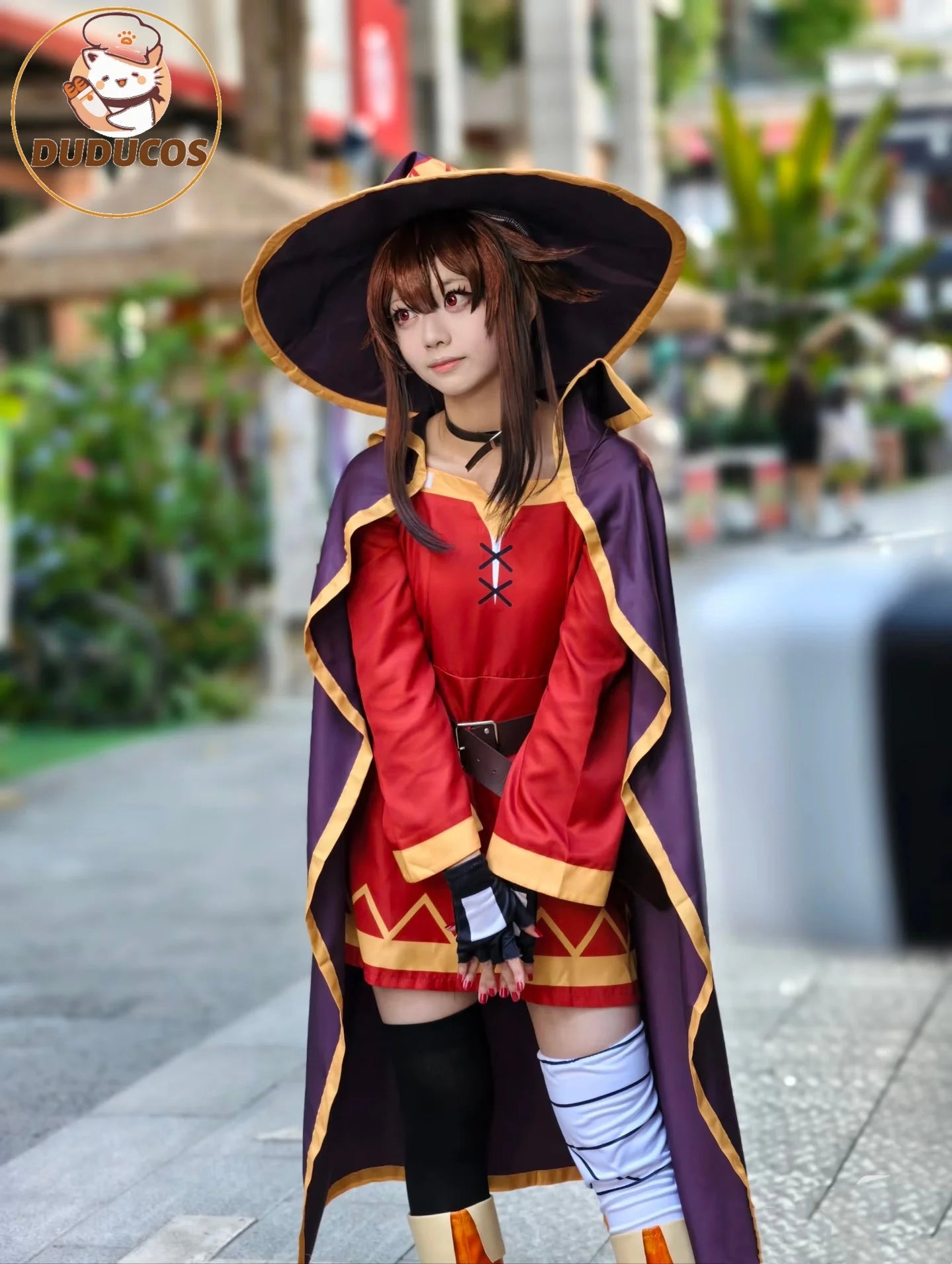 KonoSuba Megumin Cosplay Costume – Witch Cloak Set with Wig, Hat, Blindfold & Stockings (Women’s Halloween Outfit)