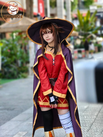 KonoSuba Megumin Cosplay Costume – Witch Cloak Set with Wig, Hat, Blindfold & Stockings (Women’s Halloween Outfit)