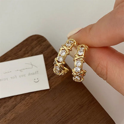 Vintage Double-C Cross Zircon Stud Earrings – Korean Fashion Crystal Earrings for Women | Elegant Engagement Jewelry Gift