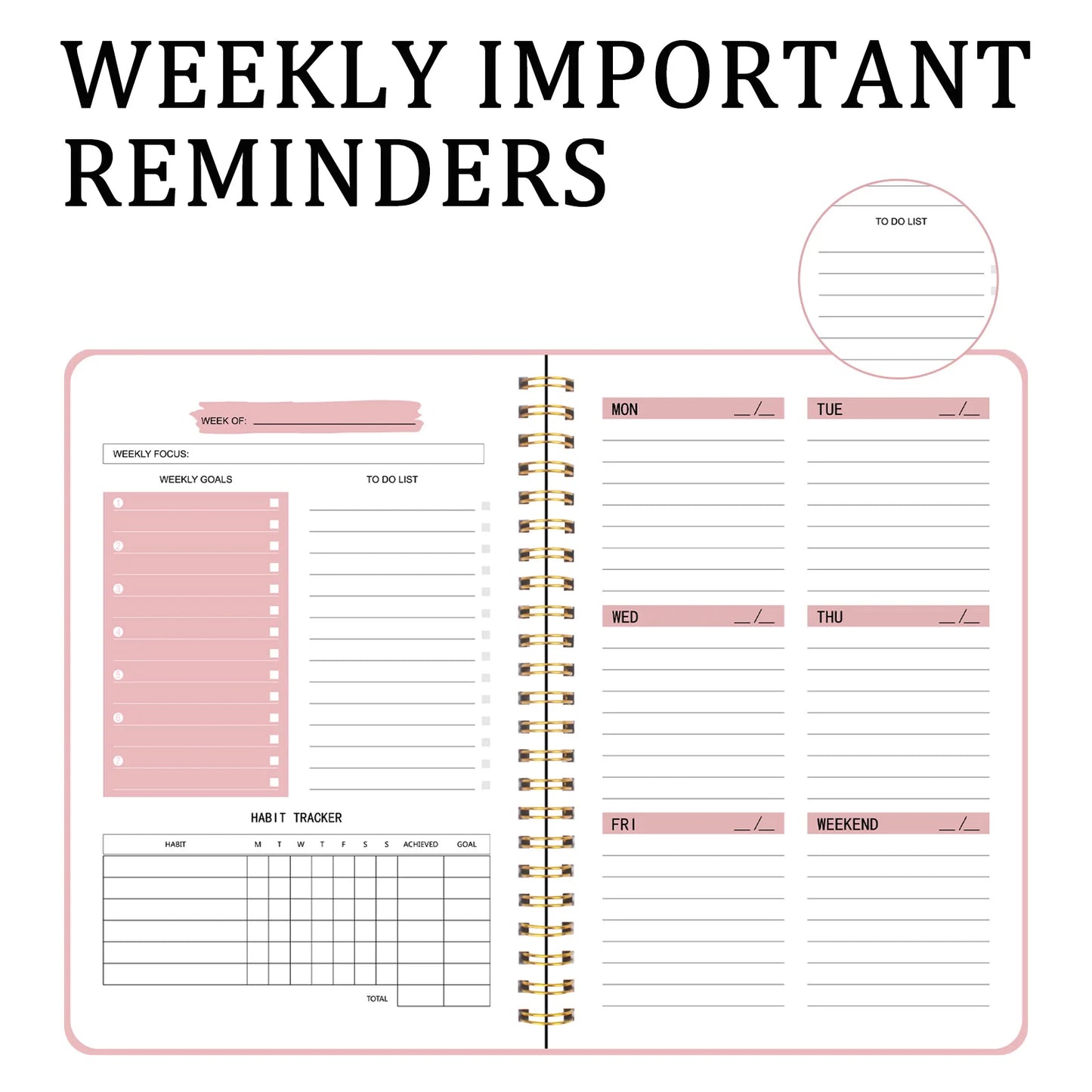 A5 Undated Weekly Planner Notebook – Spiral Agenda for Daily Planning, School & Office
