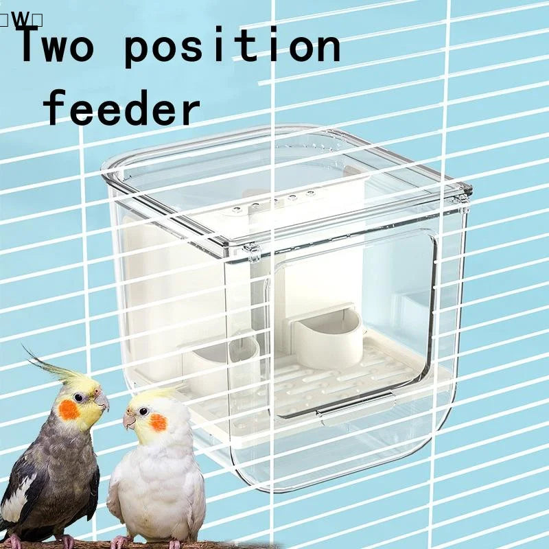 W Double-Slot Automatic Bird Feeder – Large-Capacity Transparent Hanging Food Dispenser with Splash-Proof Design for Bird Cages