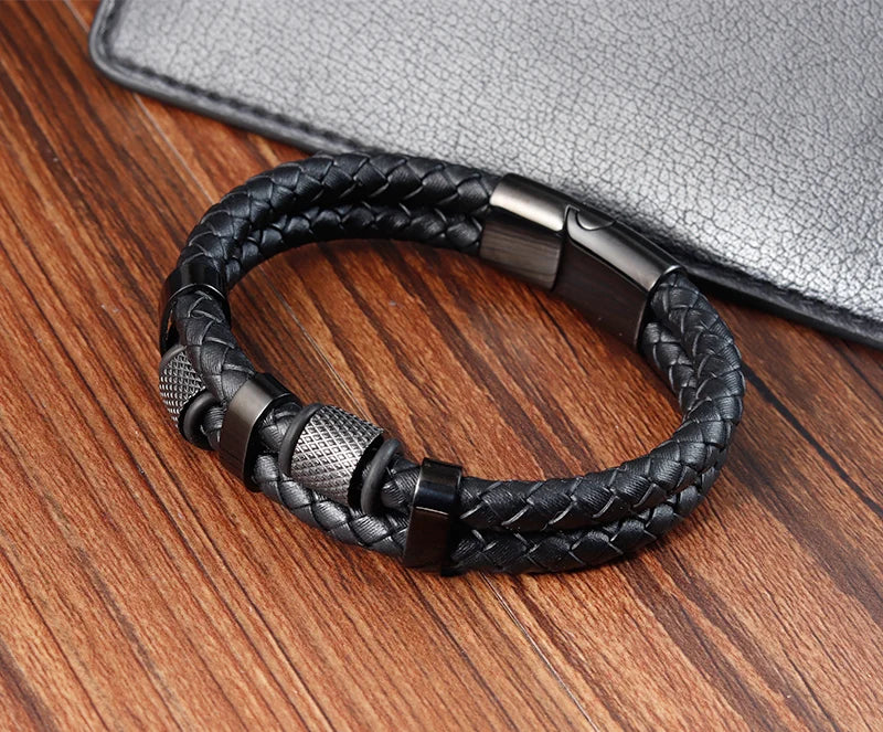 Braided Leather Rope Bracelet – Genuine Leather Bracelet with Stainless Steel Magnetic Clasp for Men & Women | Fashion Jewelry Gift