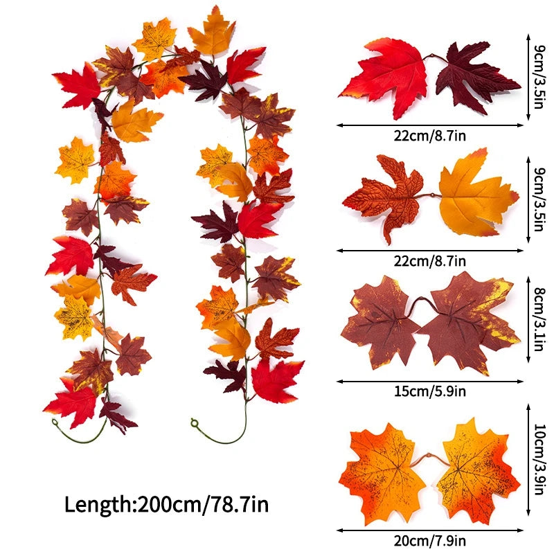 2M Artificial Maple Leaf Garland – Faux Fallen Leaves Autumn Rattan Decor for Thanksgiving, Halloween, Wedding, Christmas & Holiday Festivals