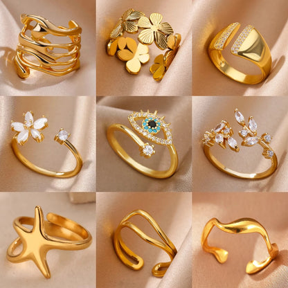 Anillo de circonita de acero inoxidable ajustable con diseño de ojo turco – Anillo de boda geométrico de color dorado para mujer | Regalo de joyería de lujo de moda