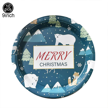 9-Inch Merry Christmas Paper Plates – Santa Claus, Christmas Tree & Elk Round Disposable Plates for Xmas Party & Table Decor