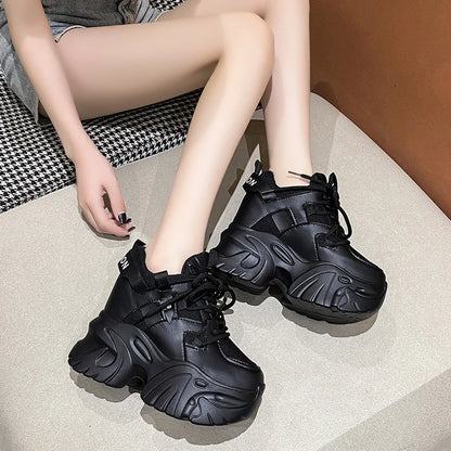 10.5cm Platform Sneakers for Women – Chunky High-Top Lace-Up Dad Shoes with Thick Sole & Mesh Design for Autumn Casual Wear