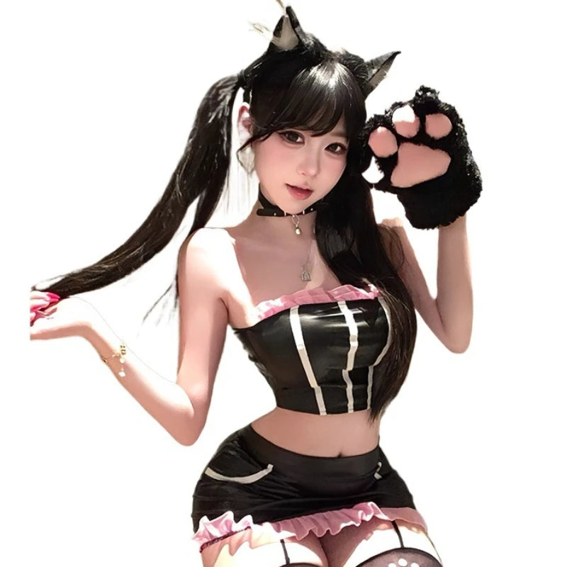 Cute Cat Anime Cosplay Costume Set – Maid Style Outfit with Bra, Skirt, Cat Ears for Halloween, Carnival & Roleplay Party Wear