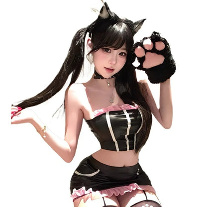 Cute Cat Anime Cosplay Costume Set – Maid Style Outfit with Bra, Skirt, Cat Ears for Halloween, Carnival & Roleplay Party Wear