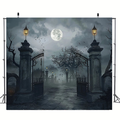 Halloween Background Banner, Spooky Ghost Cemetery Backdrop with Full Moon and Bare Trees, Horror Party Decorations for Halloween Photography and Photo Booths