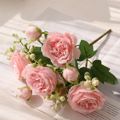 30cm Pink Silk Peony Rose Bouquet – Artificial Flower Arrangement with 5 Large Blooms & 4 Buds, Realistic Faux Floral Bouquet for Wedding, Bridal Décor, Home Decoration & DIY Crafts