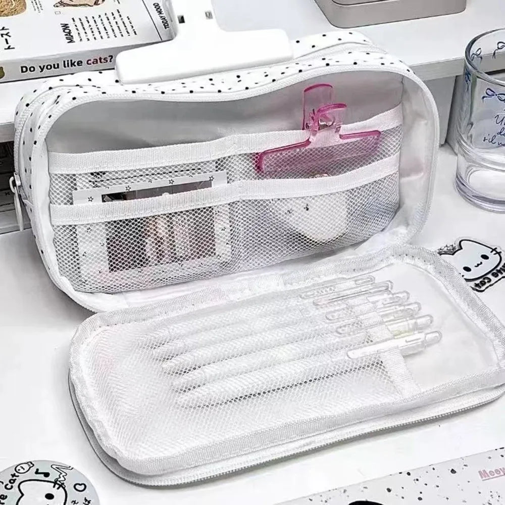 Trousse à crayons Chat à pois – Sac à stylos mignon grande capacité multi-couches, Organisateur de papeterie élégant pour l'école, le bureau et l'utilisation quotidienne