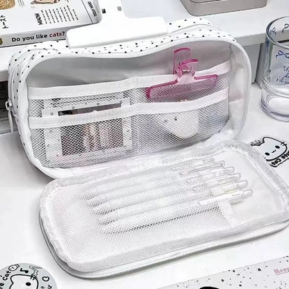 Trousse à crayons Chat à pois – Sac à stylos mignon grande capacité multi-couches, Organisateur de papeterie élégant pour l'école, le bureau et l'utilisation quotidienne