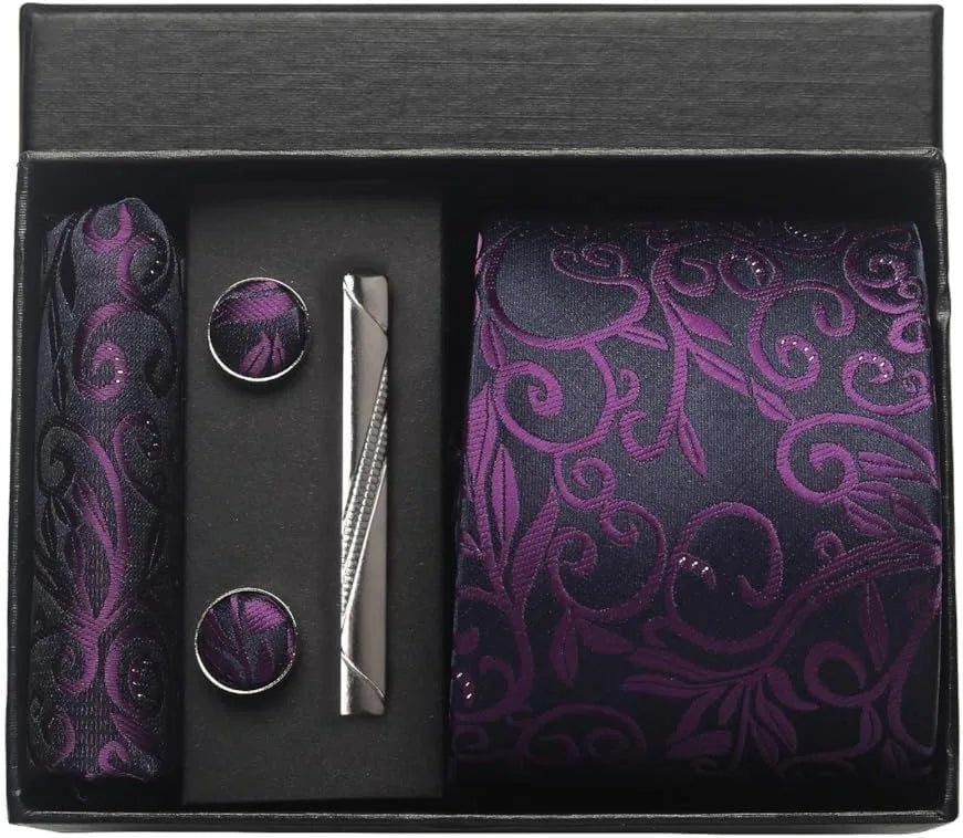 Corbata de seda 100% con diseño floral de Paisley para hombre con pañuelo de bolsillo, pasador de corbata y gemelos en caja de regalo