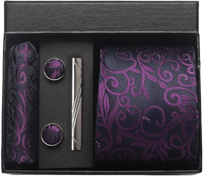 Corbata de seda 100% con diseño floral de Paisley para hombre con pañuelo de bolsillo, pasador de corbata y gemelos en caja de regalo