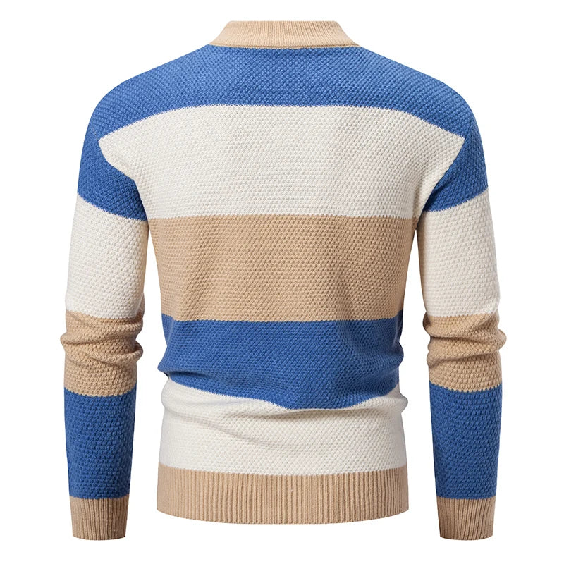 Men’s Patchwork Knitted Sweater – Mock Neck Long Sleeve Pullover for Autumn & Winter, Youthful Casual Fashion Knitwear