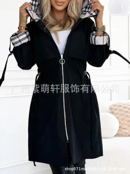 Women’s Hooded Plaid Trench Coat – Long-Sleeve Casual Cardigan Jacket, Solid Color Streetwear Outerwear for Autumn & Winter