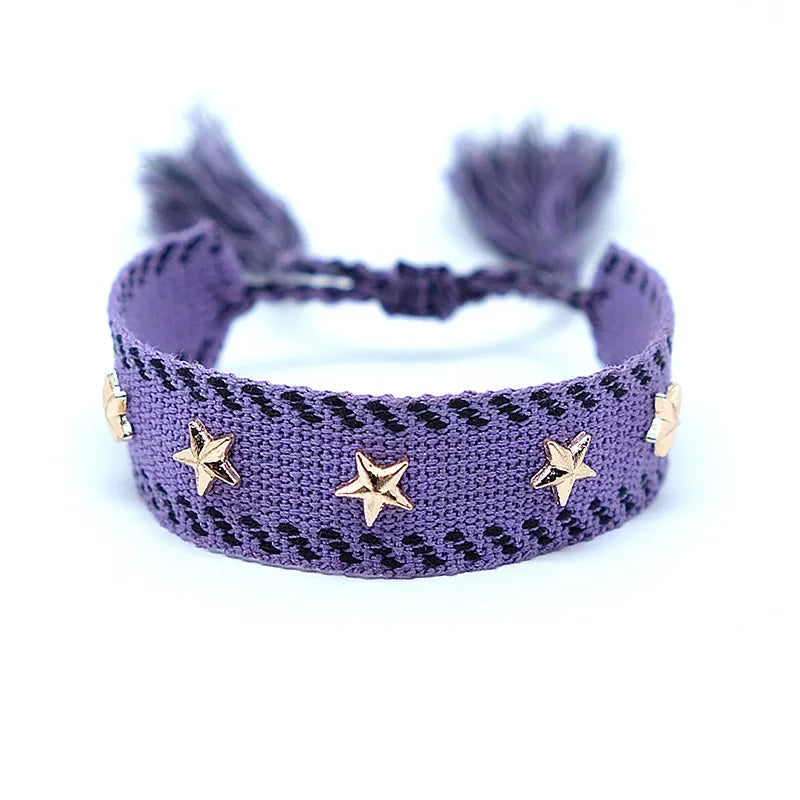 Bohemian Star Tassel Bracelet – Handmade Woven Alloy Gold Rivet Wrist Strap for Women | Ethnic Fashion Jewelry Gift