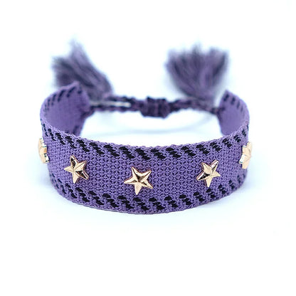 Bohemian Star Tassel Bracelet – Handmade Woven Alloy Gold Rivet Wrist Strap for Women | Ethnic Fashion Jewelry Gift