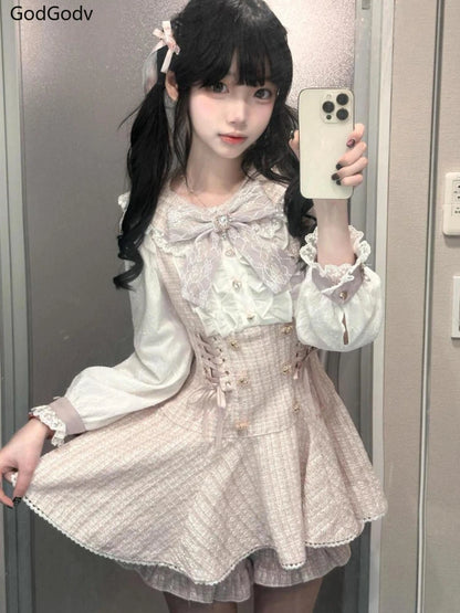 Vestido japonés Sweet Lolita Kawaii para mujer 2025, estampado de primavera, lazo, vestido falso de dos piezas, estilo coreano, ropa de fiesta