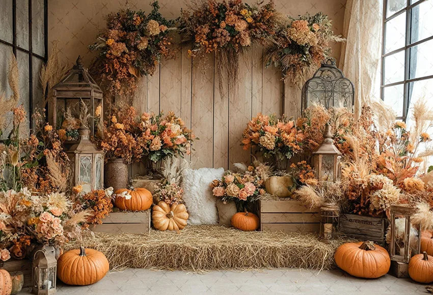 Mehofond Fall Autumn Harvest Photography Backdrop – Rustic Barn Hay & Pumpkin Background for Kids’ Birthday, Portrait, Photo Studio & Party Decor