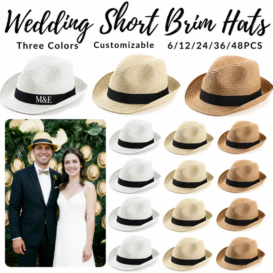 6–48PCS Wedding Straw Fedora Hats for Men – Customizable Short Brim Panama Party Hats, 58CM for Weddings, Birthdays & Celebrations