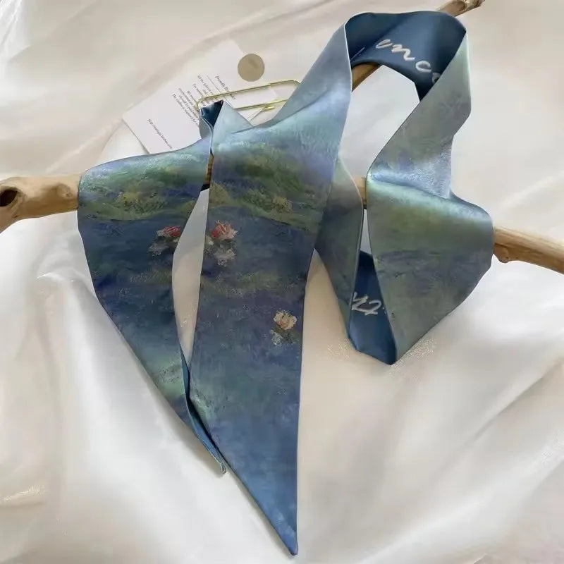 Khaki Nude Silk Scarf Hair Band – Vintage Satin Ribbon Bow Hair Accessory for Women | Elegant Fashion Hair Tie